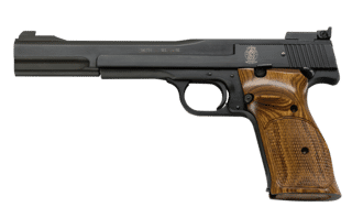 Smith and Wesson Model 41 rimfire pistol with wood grips.